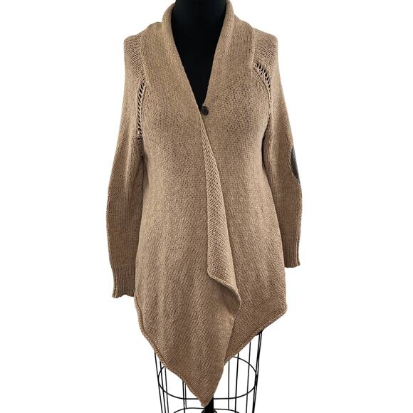 BROCHU WALKER Beige Cotton Knit Elbow Patch Draped Asymmetric Cardigan Sweater M - Picture 1 of 8